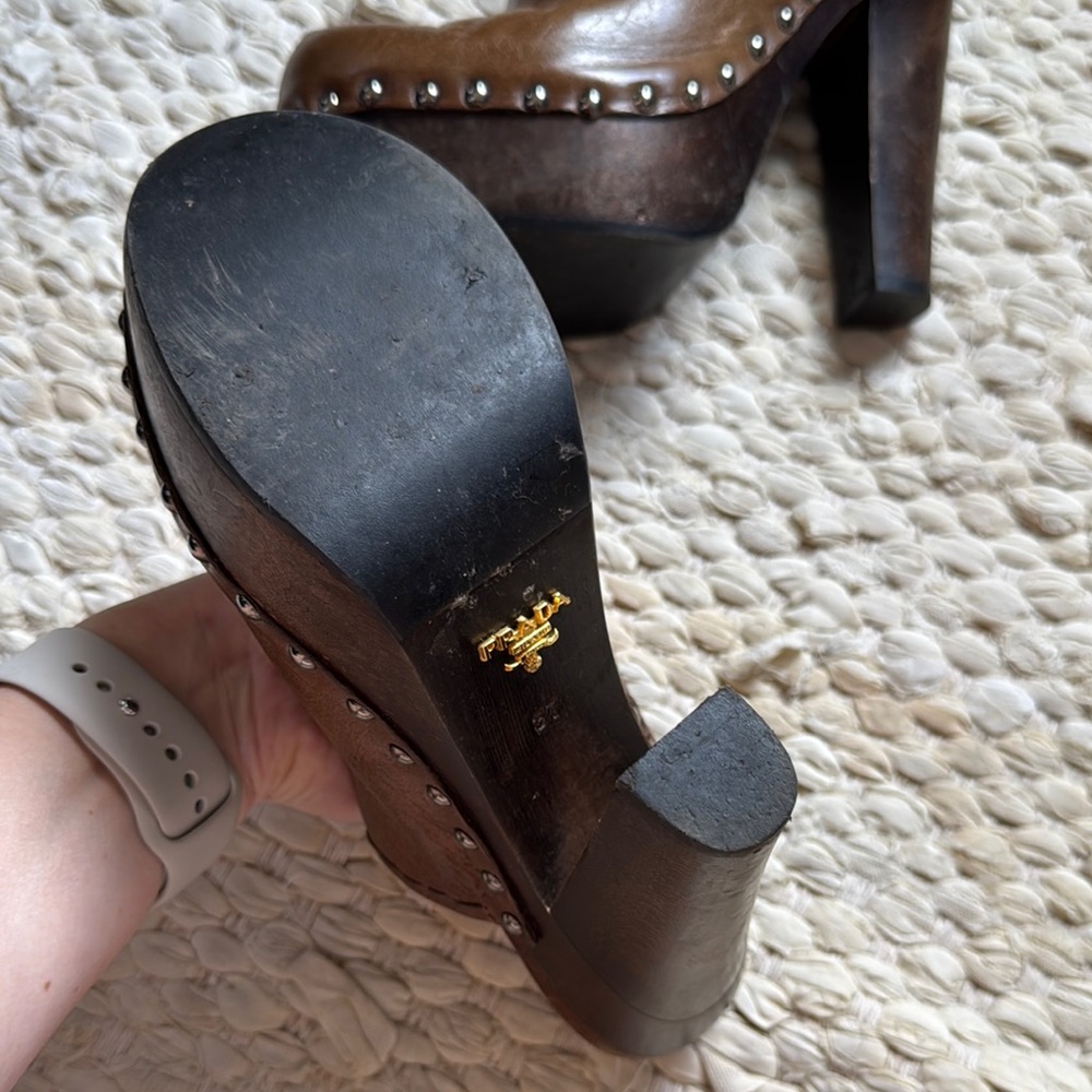 Prada - size 37 - Brown Leather Mules with Wooden Platform - Picture 4 of 9